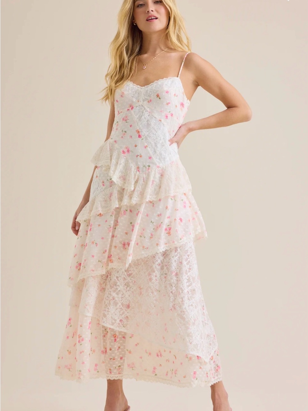 Altar'd State Ivory Maxi Dress with Pink Floral Lace Tiers